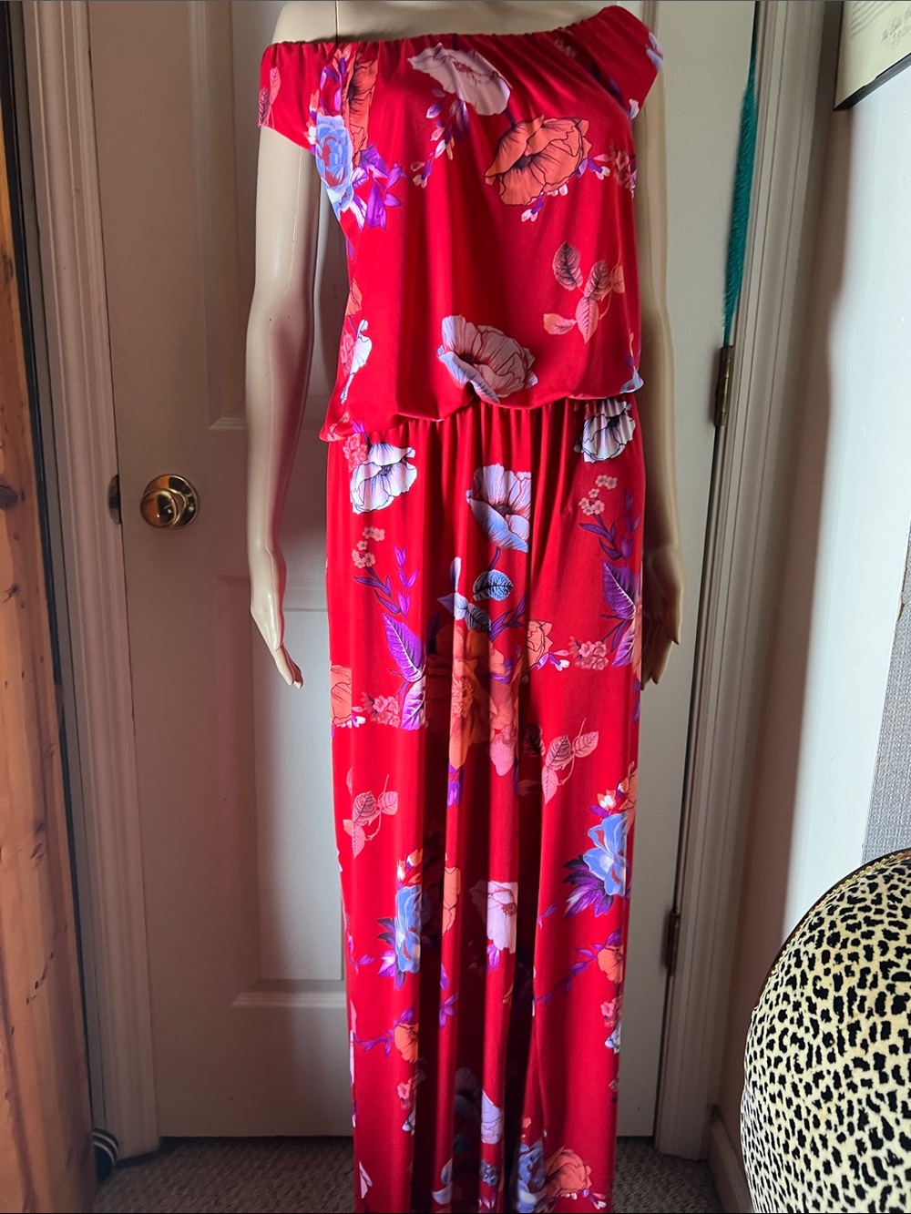 IMAN Red Floral Off-Shoulder Jumpsuit
